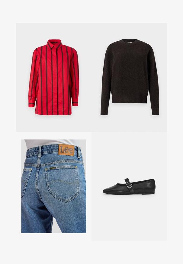Samsøe Samsøe ANOUR - Striktrøje - black coffee; Rød langærmet skjorte med knapper og sorte lodrette striber samt en spids krave, vist mod en ensfarvet baggrund.; Blå denimbukser med baglommer med gule syninger og et brunt lædermærke med Lee-brand på linningen.; Sorte læder flade sko med rund tå, et enkelt justerbart spænde og en glat, blank overflade. Minimalistisk design med en lav hæl.