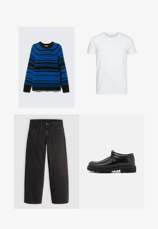 Pull tricoté avec des rayures horizontales bleues et noires, col rond, poignets et ourlet côtelés. La texture semble légère.; T-shirt à col rond à manches courtes de couleur blanche unie, fabriqué en coton doux, avec un design simple sans motifs ni accents visibles.; Jean denim noir à coupe droite, cinq poches et passants pour ceinture, présenté à plat sur un fond clair uni.; Chaussures derby en cuir noir au design élégant, bout rond et semelle en caoutchouc texturé avec des rainures profondes pour une meilleure traction.