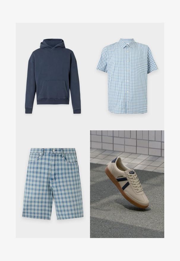 Marineblauer Kapuzenpullover mit langen Ärmeln und einer vorderen Kängurutasche auf einem einfarbigen hellgrauen Hintergrund.; Hellblau weiß kariertes Kurzarm-Hemd mit Knopfleiste, Kragen und Brusttasche, vor einem einfarbigen Hintergrund präsentiert.; Hellblaue Karobluse-Shorts aus einem Baumwollmix, mit fünf Taschen, Knopfverschluss und lockerer Passform. Die Textur ist glatt und weich.; Beige Sneaker mit strukturierter Oberfläche, dunkelblauen Streifen und Gummisohle. Verfügt über eine gepolsterte Zunge und ein traditionelles Schnürsystem für einen sicheren Sitz.