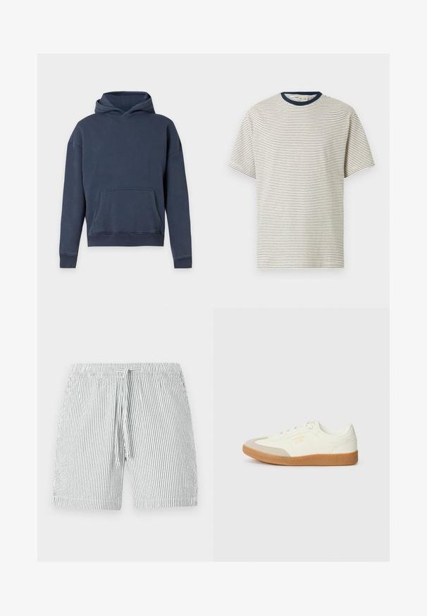 Sweat à capuche bleu marine avec manches longues et poche kangourou à l'avant sur un fond gris clair uni.; T-shirt blanc à manches courtes avec de fines rayures horizontales noires et un col rond uni bleu marine foncé.; Shorts de bain rayés en gris et blanc, avec une taille élastique à cordon de serrage, conception mi-longue et matériau doux et léger.; Baskets en cuir blanc avec une coque beige et une semelle en caoutchouc marron clair. Dotées de lacets blancs plats et d'un logo embossé sur le côté.
