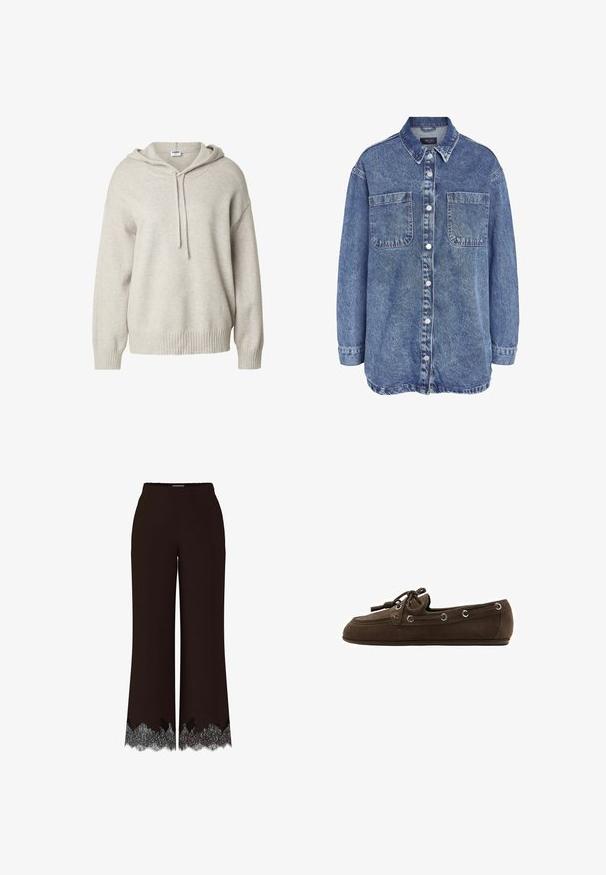 Sweat à capuche gris clair, en maille douce, coupe décontractée, épaules tombantes, ourlet et poignets côtelés, cordon de serrage ajustable au niveau du col.; Chemise en denim bleu clair avec un col classique, une fermeture à boutons à l'avant, deux poches poitrine et des manches longues avec des poignets à boutons.; Pantalons larges noirs à taille haute avec un délicat contour en dentelle noire le long de l'ourlet.; Mocassin en daim brun foncé avec un nœud en lacet et des œillets en métal, semelle plate, vue de côté.