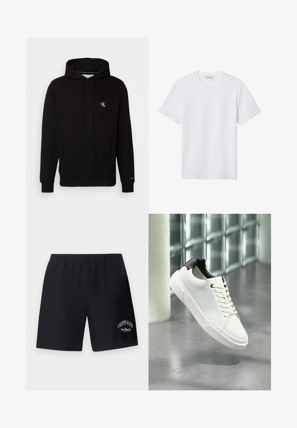 Sweat à capuche noir avec poche kangourou à l'avant, cordons et petit logo blanc "CK" sur la poitrine et "Calvin Klein" au poignet.; T-shirt blanc uni à manches courtes avec col rond, doté d'un petit logo embossé sur la poitrine gauche et d'une étiquette de marque à l'intérieur du col.; Shorts à taille élastique noire avec logo blanc « Calvin Klein New York City » sur la partie inférieure de la jambe droite.; Baskets basses blanches avec languette de talon noire texturée, lacets blancs et semelle épaisse sur un sol en béton poli près de blocs de verre.
