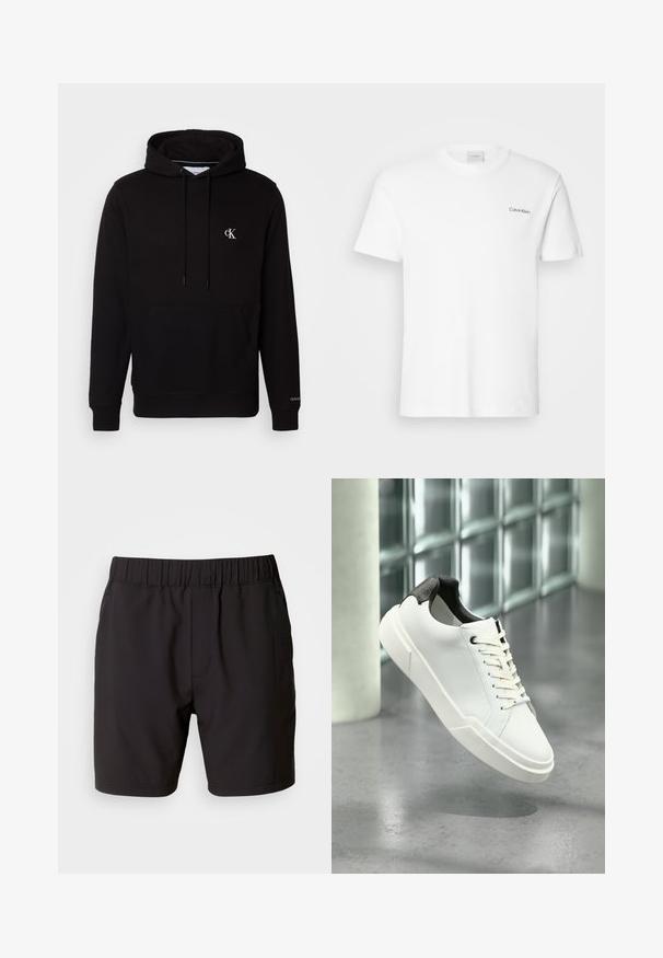 Sort hættetrøje med front kængurulomme, snore og lille hvid "CK"-logo på brystet og "Calvin Klein" på manchet.; Hvid bomulds T-shirt med korte ærmer og rund halsudskæring. Har et lille sort "Calvin Klein" logo på venstre bryst.; Sorte shorts lavet af strækbart stof, med en elastisk talje, sidelommer og et simpelt, rent design. Ingen mønstre eller detaljer.; Hvid lav tå-sneaker med sort struktureret hælfane, hvide snørebånd og tyk sål på en poleret betongulv nær glasblokke.