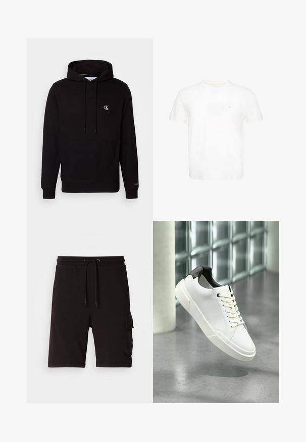 Sort hættetrøje med front kængurulomme, snore og lille hvid "CK"-logo på brystet og "Calvin Klein" på manchet.; Hvid T-shirt med korte ærmer og rund hals med lille broderet "ck" logo på venstre bryst.; Sorte bomulds cargo shorts med justerbar snor i taljen, sidelommer og et afslappet fit design.; Hvid lav tå-sneaker med sort struktureret hælfane, hvide snørebånd og tyk sål på en poleret betongulv nær glasblokke.