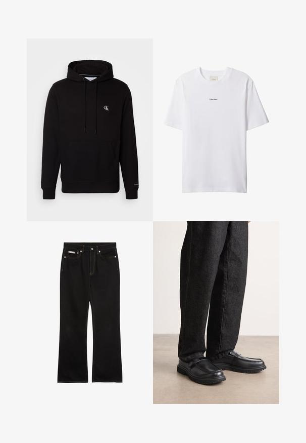 Sudadera negra con capucha, bolsillo canguro delantero, cordones y pequeño logo blanco "CK" en el pecho y "Calvin Klein" en el puño.; Camiseta blanca de algodón con cuello redondo y mangas cortas. Cuenta con un pequeño logo negro de "Calvin Klein" centrado en el pecho.; Vaqueros negros de pierna recta con costuras naranjas, cinco bolsillos, cierre de botón y una pequeña etiqueta Calvin Klein en el bolsillo delantero derecho.; Zapatos de cuero negro con acabado texturizado, que cuentan con un diseño de costura elevada y suela de goma resistente, combinados con pantalones de mezclilla oscuros.