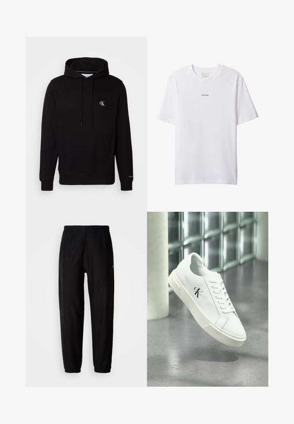Sudadera negra con capucha, bolsillo canguro delantero, cordones y pequeño logo blanco "CK" en el pecho y "Calvin Klein" en el puño.; Camiseta blanca de algodón con cuello redondo y mangas cortas. Cuenta con un pequeño logo negro de "Calvin Klein" centrado en el pecho.; Pantalones de chándal negros con cintura elástica, piernas ajustadas y dobladillos. Textura de tela suave. Detalle del logo en un lado.; Zapatilla blanca Calvin Klein con cordones, mostrada flotando sobre un suelo de cemento pulido y un fondo de pared de bloques de vidrio.
