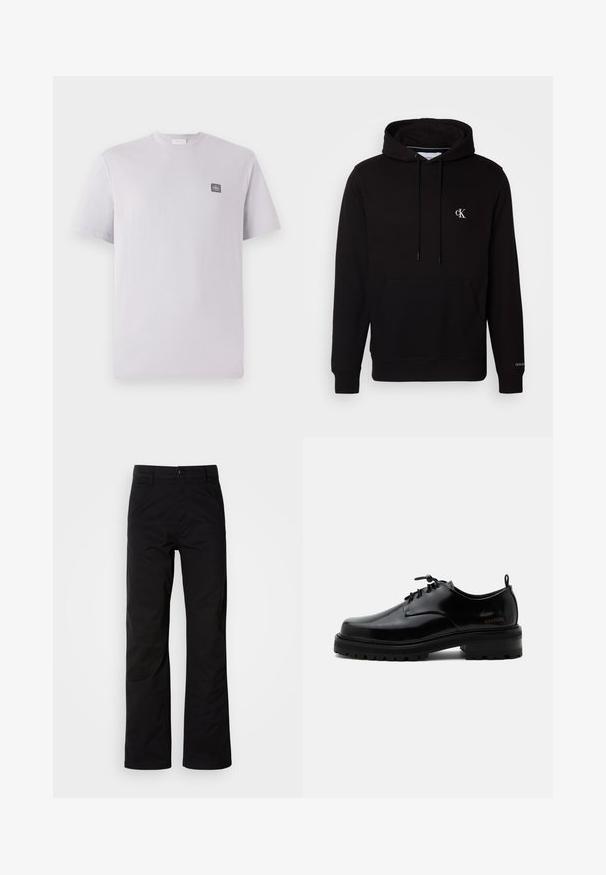 Schwarzer Kapuzenpullover mit Kängurutasche vorne, Kordelzug und kleinem weißen "CK"-Logo auf der Brust sowie "Calvin Klein" am Ärmelbündchen.; Hellblau-lilafarbenes T-Shirt mit kurzen Ärmeln aus Baumwolle, Rundhalsausschnitt und einem kleinen dunklen Logo-Patch auf der linken Brust. Glatte Textur.; Schwarze Baumwollhosen mit geradem Bein, ausgestattet mit einem Knopfverschluss und Gürtelschlaufen. Glatte Textur und minimalistischer Stil ohne sichtbare Muster.; Schwarzer polierter Lederschnürschuh mit dicker Gummisohle und niedrigem Absatz, seitlichem Marken-Schriftzug "SAMSOE" und hinterer Zuglasche.