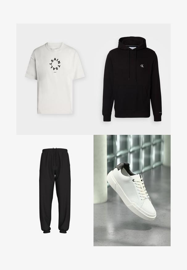 Sort hættetrøje med front kængurulomme, snore og lille hvid "CK"-logo på brystet og "Calvin Klein" på manchet.; Hvid T-shirt med korte ærmer og rund halsudskæring med sort cirkulær tekst, der staver "SAINT LAINT" og "LONDON" under cirklen.; Svarte løstsiddende joggingbukser med elastisk talje og manchetter, med justerbar snøre i taljen.; Hvid lav tå-sneaker med sort struktureret hælfane, hvide snørebånd og tyk sål på en poleret betongulv nær glasblokke.