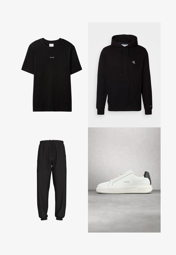 Schwarzer Kapuzenpullover mit Kängurutasche vorne, Kordelzug und kleinem weißen "CK"-Logo auf der Brust sowie "Calvin Klein" am Ärmelbündchen.; Schwarzes Baumwoll-T-Shirt mit Rundhalsausschnitt und kurzen Ärmeln. Auf der Vorderseite befindet sich ein kleines weißes "Calvin Klein"-Logo. Glatte, klassische Passform.; Schwarze locker sitzende Jogginghose mit elastischem Bund und Bündchen, mit verstellbarem Kordelzug in der Taille.; Weiße Sneaker mit glattem Lederobermaterial, flachen Schnürsenkeln und erhöhter weißer Sohle. Verfügen über einen schwarzen Akzent an der Ferse und ein geprägtes Logo.