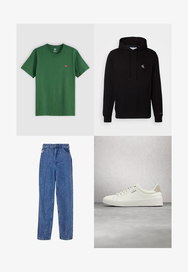 Čierna mikina s kapucňou, prednou klokankovou kapucňou, šnúrkami a malým bielym logom "CK" na hrudi a "Calvin Klein" na manžete.; Zelené bavlnené tričko s okrúhlym výstrihom, krátkymi rukávmi a malým červeným logom Levi's na ľavej hrudi. Mäkká textura, štandardný strih.; Modré denimové džínsy s vysokým pásom, voľným strihom a vertikálnym bielym švom. Majú predné vrecká a značkovú nášivku.; Biele nízke tenisky s šnúrkami a béžovou pätkou s logom "HUGO", ktoré sa vznášajú nad leštenou betónovou podlahou pri stene zo sklenených tehál.