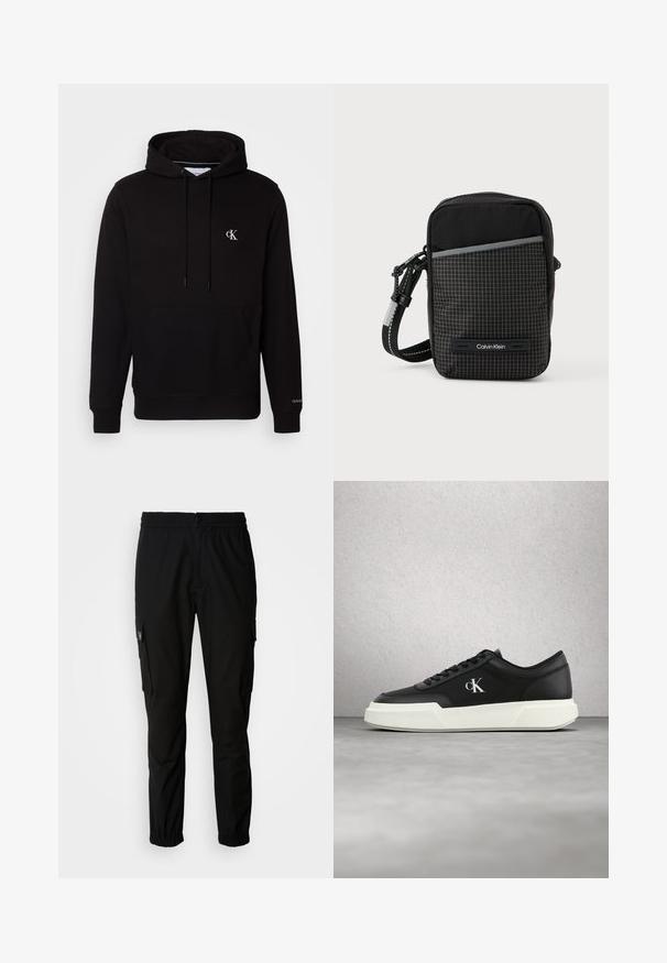 Sort hættetrøje med front kængurulomme, snore og lille hvid "CK"-logo på brystet og "Calvin Klein" på manchet.; Sorte cargo bukser lavet af stof, med elastisk talje, knaplukning og flere sidelommer med klapper.; Sort lædersneaker med hvid sål og "cK"-logo, vist svævende i luften foran en væg af glasblokke og en betongulvbaggrund.; Sort skuldertaske med ternet mønster, lavet af struktureret stof. Har en frontlomme og en logoaccent. Justerbar rem inkluderet.