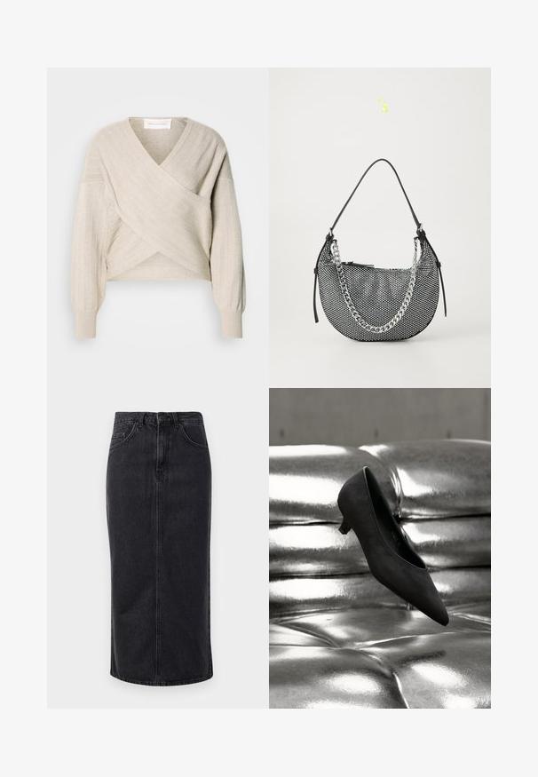 Beige strikket sweater med indpakningsdesign, ribbet tekstur og ballonærmer. Har en dyb V-halsudskæring og en cropped længde.; Sort denim midi-nederdel med lige skæring, fem-lommer design og knaplukning. Har en rå kant og en subtil falmet tekstur.; Sort pigget spids-hælet kitten hælsko svævende over en skinnende metallisk tuftet lædersofa.; Sort mesh håndtaske i halvmåneform, med en sølv kædestropp og sorte læderdetaljer. Struktureret overflade med lynlåslukning.