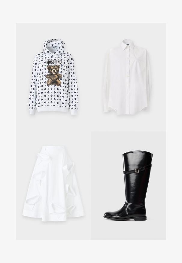 Sweat à capuche blanc avec un motif d'ours en peluche et des motifs en diamant bleu marine. Le matériau semble doux, avec des manches longues et une capuche à cordon de serrage.; Chemise blanche à manches longues en tissu léger, dotée d'un col classique, d'une fermeture à boutons et d'une poche en forme de cœur sur le côté gauche.; Jupe en A blanche en coton, dotée de découpes surdimensionnées et d'une texture lisse. Comprend une taille structurée.; Botte en cuir noir haute avec un talon bas et une sangle décorative avec boucle en argent autour du haut du mollet.