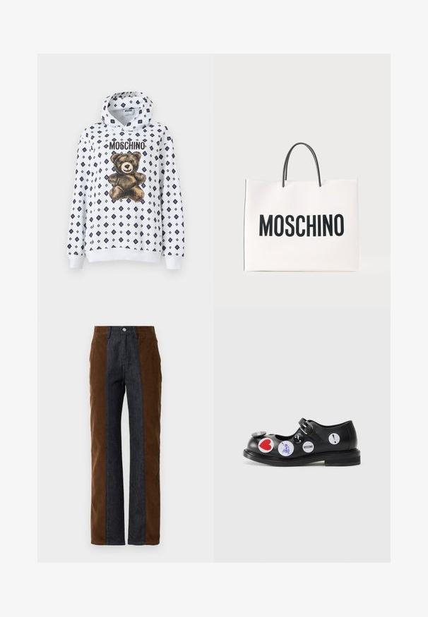 Hvid hættetrøje med et motiv af en teddybjørn og diamantmønstre i marineblå. Materialet virker blødt med lange ærmer og en snøre i hætten.; Corduroy- og denimbukser med lodret panelering i mørkebrun og navy blå, med lige pasform og standard fem-lomme design.; Sort læder Mary Jane sko med en rem og spænde, prydet med forskellige runde klistermærker i røde, blå og hvide nuancer. Flad såldesign.; Hvid rektangulær tote taske med sorte håndtag og stor sort tekst "MOSCHINO" på forsiden mod ensfarvet baggrund.