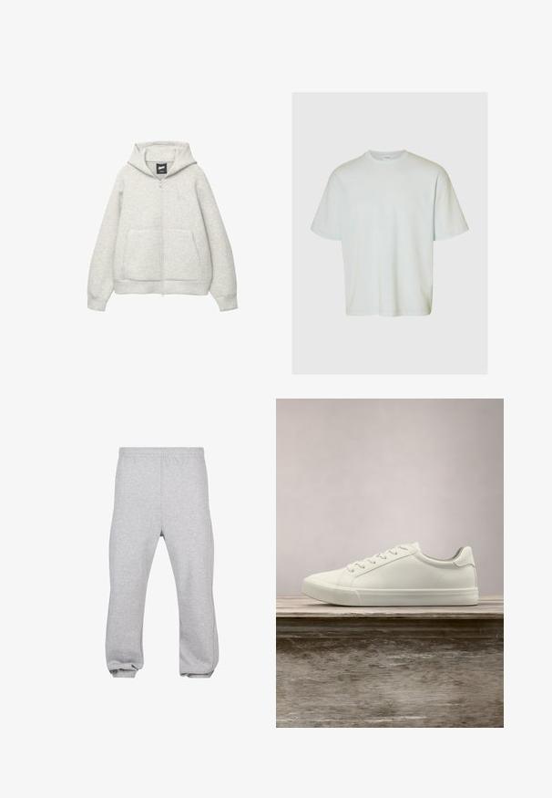 Haut à capuche zippé gris en tissu doux, avec une poche avant, un cordon de serrage à la capuche et un petit logo sur la poitrine.; Selected SLMLOOSEOSCAR - T-shirt basique - ice melt; Pantalon de jogging en coton gris clair avec taille élastique et poignets aux chevilles, présenté à plat sur fond blanc.; Sneaker en dentelle blanche flottant au-dessus d'un banc en bois avec un feuillage vert en arrière-plan, mettant en valeur le design et la texture de la chaussure.