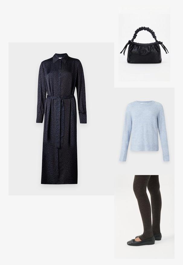 Lyseblå sweater lavet af blød, tekstureret stof, med rund hals, lange ærmer og ribbede manchetter og kant.; Pletteret kjole i mørkeblå og sort, med krave, lange ærmer, knaplukning og et matchende bælte af samme stof i taljen.; Ben iført mørke ribbede leggings kombineret med sorte balletsko med små sløjfedetaljer på hvid baggrund.; Sort taske med krokodilletekstur, rynket øverste kant, samlet hank og snore med kvaster på hver side mod en hvid baggrund.