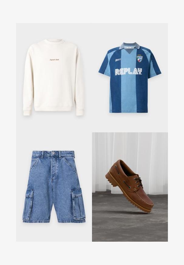 Cremefarvet sweatshirt med ribbet rund hals og manchetter. Har lille, gul "Original Studio" broderi på brystet. Blød tekstur.; Denim-inspireret jersey med korte ærmer, der har et mørkeblåt og lyseblåt stribet design, V-hals, og "REPLAY" logoet præsenteret tydeligt.; Blå denim cargo shorts med høj talje, flere cargo-lommer på siderne og en klassisk femlomme-design. Stenvasket tekstur.; Brun læder bådsko med sorte snørebånd, beige syninger og en robust sål, hængende over en grå betongulv.