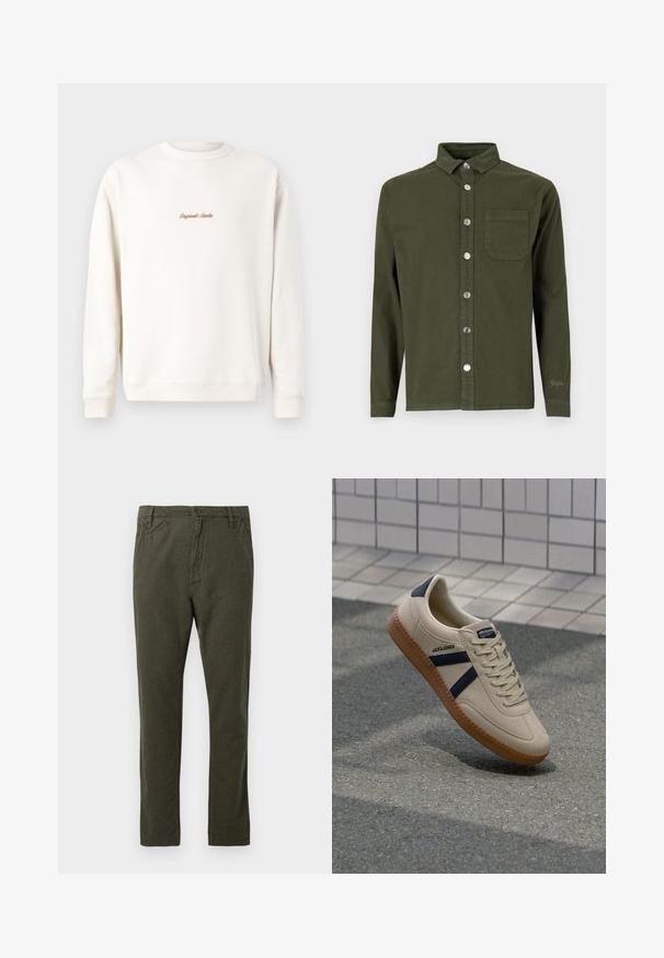 Cremefarbiges Sweatshirt mit geripptem Rundhalsausschnitt und Bündchen. Auf der Brust befindet sich eine kleine goldene Stickerei "Original Studio". Weicher Stoff.; Denim Project DPMDPSTITCH DETAIL DENIM SHIRT - Hemd - duffel bag green; Gerade geschnittene Chino-Hosen in dunkelolivgrün mit vorderem Knopf- und Reißverschluss, seitlichen und kleinen schrägen Vordertaschen.; Beige Sneaker mit strukturierter Oberfläche, dunkelblauen Streifen und Gummisohle. Verfügt über eine gepolsterte Zunge und ein traditionelles Schnürsystem für einen sicheren Sitz.