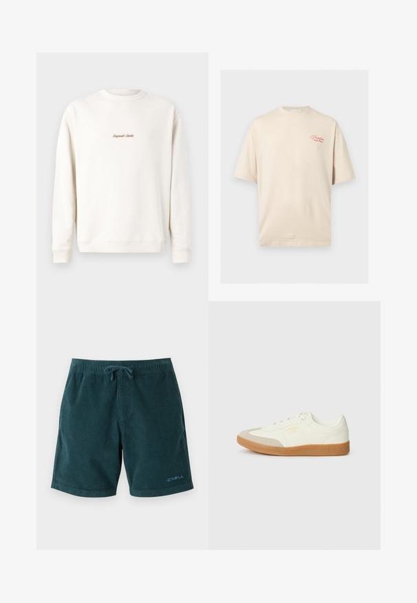 Cremefarvet sweatshirt med ribbet rund hals og manchetter. Har lille, gul "Original Studio" broderi på brystet. Blød tekstur.; Beige T-shirt med korte ærmer, rød tekst "Portofino Dolce Mare" på øverste venstre bryst, rund hals og løs pasform.; Mørkegrønne kordfløjsbadetights med elastisk talje og snøre. Har logo på den nederste højre ben. Glat tekstur, knælangt design.; Sneaker lavet af hvid læder med en beige tåhætte og let brunt gummisål. Har flade hvide snørebånd og prægede branding på siden.