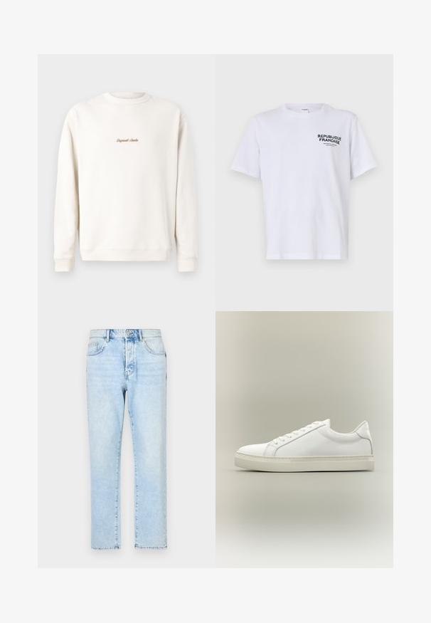 Crème-kleurige sweatshirt met geribbelde ronde hals en mouwen. Kenmerkt zich door kleine, gouden borduursel "Original Studio" op de borst. Zachte textuur.; Witte katoenen t-shirt met korte mouwen en een ronde hals. De bedrukking op de linkerborst luidt "REPUBLIQUE FRANCAISE" in donkergroene letters.; Lichtblauwe spijkerbroek met een recht pijpdesign, vervaagde textuur en traditionele vijf-vakken stijl. Voorzijde met ritssluiting en knoopsluiting.; Witte lage sneaker met veters aan de voorkant en dikke zool, zijaanzicht tegen een neutrale achtergrond.