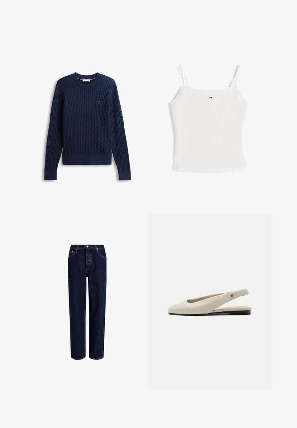 Navyblauer Kabelstrickpullover mit langen Ärmeln, gerippten Bündchen und Saum, Rundhalsausschnitt und kleinem roten, weißen und blauen Logo auf der Brust.; Schlichtes weißes Spaghettiträger-Top mit kleinem rechteckigem Logo, zentriert nahe dem Ausschnitt.; Dunkelblaue Denim-Jeans mit geradem Bein, hoher Taille, fünf Taschen und kontrastierenden Nähten. Ohne Verzierungen.; cremefarbiger Lederslingback-Flachschuh mit rundem Zehenbereich und kleinem goldfarbenem Emblem am Riemen.