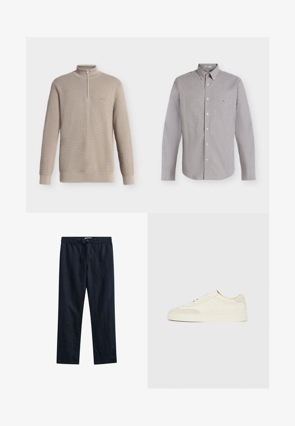 Pull beige en maille gaufrée, manches longues, col montant à demi-fermeture éclair, poignets et ourlet côtelés, présenté sur fond blanc.; Chemise à manches longues boutonnée avec petit motif à carreaux noir et blanc et une poche poitrine sur fond clair.; Pantalon bleu marine à jambes droites avec taille élastique, cordon de serrage et poches latérales, fabriqué en tissu léger.; Baskets en daim blanc à finition lisse, embout rond, design lacé plat, avec des accents texturés contrastants. Comprend un détail de logo subtil.