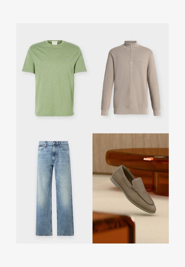 Pull beige en maille gaufrée, manches longues, col montant à demi-fermeture éclair, poignets et ourlet côtelés, présenté sur fond blanc.; T-shirt en coton vert clair à manches courtes, col rond et petit logo brodé sur la poitrine gauche.; Jean droit en denim bleu clair avec taille haute, cinq poches, fermeture à boutons et léger délavage sur les cuisses et les genoux.; Mocassin beige en daim à enfiler avec coutures visibles et semelle claire, positionné au-dessus d'un tapis crème, avec un meuble translucide orange en arrière-plan.