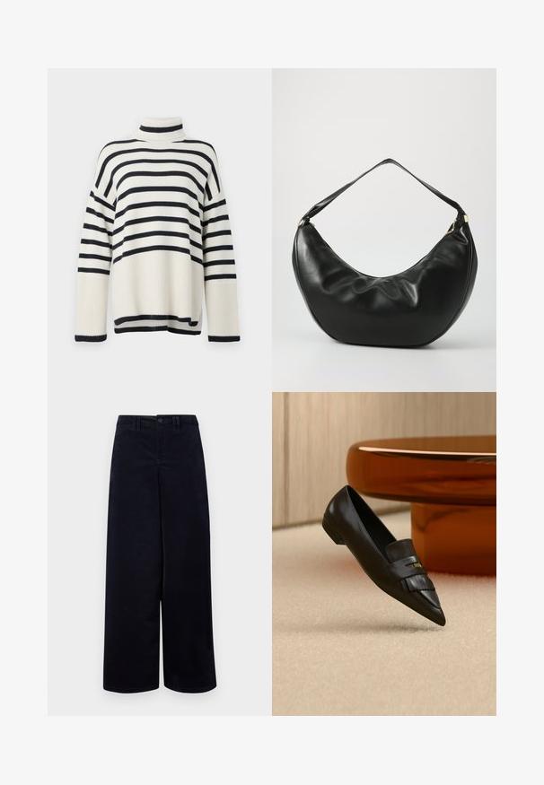 Stribet turtleneck sweater med ribbet tekstur, der har varierende brede striber i navy og creme. Løs pasform og design med sænket skulder.; Marineblå vide bukser lavet af tekstureret stof. Har en foran knappelukning, bælteholdere og lommer på begge sider.; Sort spids tå læder loafer med frynse detaljer, placeret på beige tæppe nær et rundt orange glasbord.; Sort læder skuldertaske med en buet form, blød tekstur og en enkelt rem; har en guldbeslået lynlås og diskret branding.