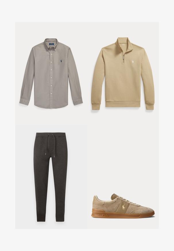 Beige langærmet kvart-zip pullover med ståkrave og lille hvid polo spiller logo på venstre bryst.; Lysegrå skjorte med lange ærmer, knapper, krave og blå Polo Ralph Lauren broderet logo på venstre bryst.; Mørkegrå joggingbukser lavet af blødt materiale, med elastisk talje med snor, tilspidsede ben og manchetter ved anklerne.; Beige ruskind og læder lav-top sneaker med gummisål, hvide snørebånd og Polo-logo på siden og sålen.