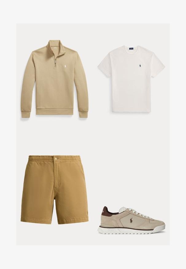 Beige trui met lange mouwen en een kwart ritssluiting, met opstaande kraag en klein wit polo-spelerlogo op de linkerborst.; Witte T-shirt met korte mouwen en ronde hals met een klein marineblauw polo-spelerlogo op de linkerborst.; Herenshort in zandkleur met elastische tailleband en knoopsluiting, eenvoudig ontwerp, midden boven het dijbeen, gemaakt van gladde stof.; Beige en bruine lage veter sneaker met witte zool, mesh- en suède panelen en Polo-logo aan de zijkant.