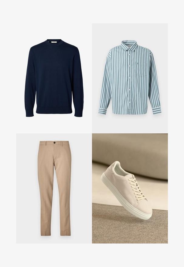 Marineblauer Langarmpullover mit Rundhalsausschnitt, gerippten Bündchen und Saum, mit dem Label „Selected“ am Kragen.; Hellblau-weiß gestreifte Hemdbluse mit langen Ärmeln, Kragen und Brusttasche. Hergestellt aus einem glatten, gewebten Stoff.; Beige maßgeschneiderte Hose aus einem glatten Stoff, mit Knopfverschluss, Gürtelschlaufen und schmalem Schnitt mit geradem Bein.; Beige Wildleder-Sneaker mit weißer Sohle und Schnürsenkeln, die über einem strukturierten beigen Teppich vor einem sanften beigen Hintergrund schwebt.