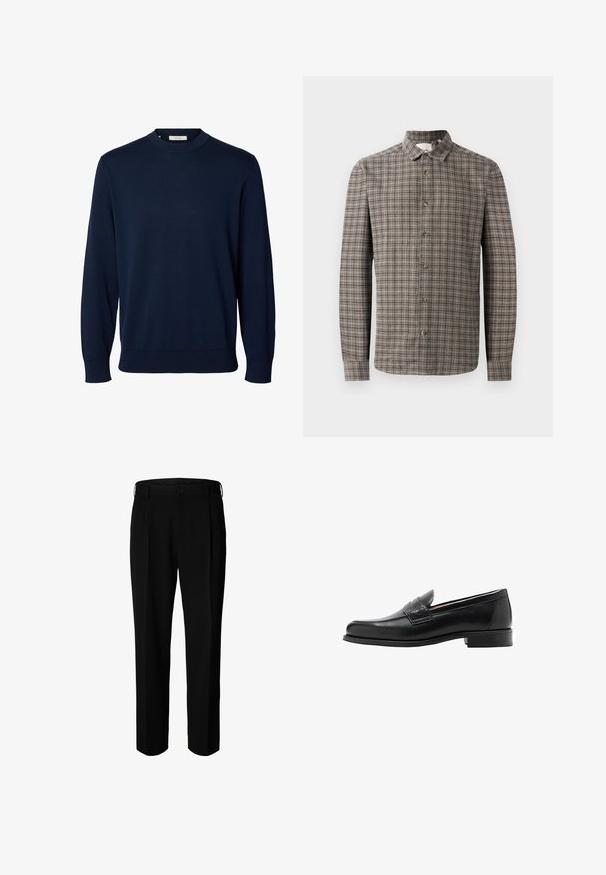 Marineblauer Langarmpullover mit Rundhalsausschnitt, gerippten Bündchen und Saum, mit dem Label „Selected“ am Kragen.; Langarm-Hemd mit Knöpfen in einem braun-grauen Karomuster, ausgestattet mit einem klassischen Kragen und Knopfschluss vorne.; Schwarze formelle Hose mit Gürtelschlaufen, Frontknopf und Reißverschluss, vor weißem Hintergrund dargestellt.; Schwarze Leder-Loafers mit schlankem Design, glatter Textur, auffälliger Naht und niedrigem Blockabsatz. Keine sichtbaren Beschläge oder Verzierungen.