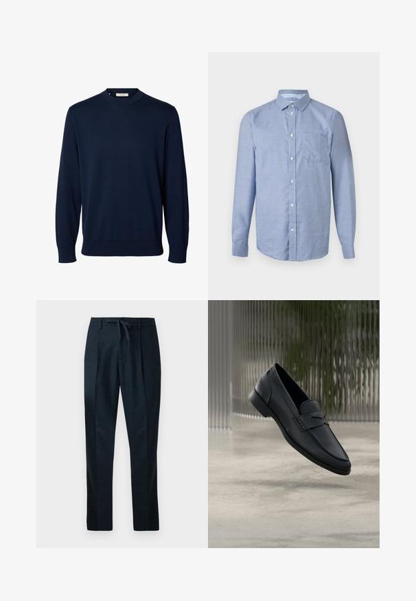 Donkerblauwe trui met lange mouwen en een ronde hals, met geribbelde manchetten en zoom, met label "Selected" bij de hals.; Overhemd met lange mouwen, knoopsluiting, met een klein blauw-wit geruit patroon, klassieke kraag en een borstzak aan de voorkant, op een neutrale achtergrond.; Marineblauwe broeken van gemêleerde stof, met een elastische tailleband, rechte pijpen en twee plooien aan de voorkant voor een verzorgde uitstraling.; Zwarte leren loafer met een gladde afwerking, puntige neus en gestikte details over de wreef. Lage hak en minimalistisch ontwerp.