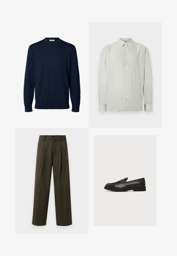 Marineblauer Langarmpullover mit Rundhalsausschnitt, gerippten Bündchen und Saum, mit dem Label „Selected“ am Kragen.; Gestreifte Button-Down-Bluse in Hellgrau und Weiß, mit klassischem Kragen und langen Ärmeln mit Manschettendetails. Weiche Gewebeoberfläche.; Olivgrüne weit geschnittene Hosen aus Baumwolle mit glatter Textur, ausgestattet mit einer Fronttasche, Gürtelschlaufen und einem einzigen Knopfverschluss.; Dunkelbrauner Lederloafer mit Wildlederoberteil, Pennyriemen, genähten Details und dicker Gummisohle mit Profil, in Seitenansicht dargestellt.
