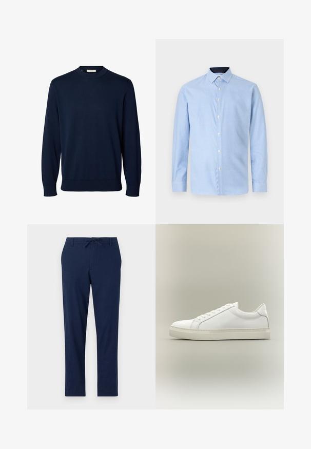 Marineblauer Langarmpullover mit Rundhalsausschnitt, gerippten Bündchen und Saum, mit dem Label „Selected“ am Kragen.; Langärmliges Hemd in Hellblau mit kleinem Karomuster, weißen Knöpfen und einem kontrastierenden dunkelblauen Kragen. Weicher Stoff.; Marineblaue Hosen aus leichtem Material mit einem Kordelzugbund und schmal zulaufenden Beinen, ausgestattet mit Vorder- und Gesäßtaschen.; Weißer Sneaker mit niedrigem Schaft, vorn mit Schnürung und dicker Sohle, aus der Seitenansicht vor neutralem Hintergrund.