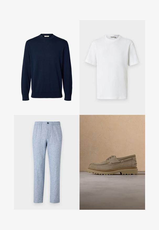Pull bleu marine à manches longues et col rond, avec poignets et bas côtelés, étiqueté Selected au niveau du col.; T-shirt blanc à manches courtes en maille gaufrée avec col rond, petite étiquette de marque à l'intérieur du col, présenté sur un fond uni.; Pantalons bleu clair en mélange de lin avec une taille élastique et une fermeture à un bouton. Design à jambe droite, tissu texturé, sans motifs.; Chaussure décontractée beige en daim à lacets avec une semelle épaisse et rainurée, présentée en suspension au-dessus d'une surface texturée beige assortie et d'un arrière-plan.