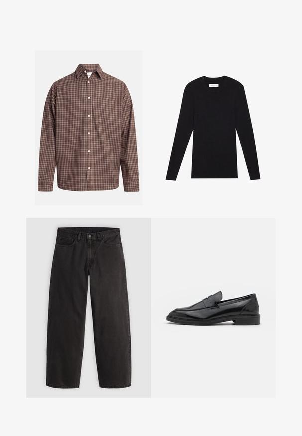 Pier One MUSCLE FIT KNITJUMPER - Striktrøje - black; Brunternetternet knap-up skjorte med lange ærmer, med en brystlomme og hvide knapper på et struktureret stof.; Sorte denimjeans med lige ben, fem lommer og bæltestropper, vist fladt på en ensartet lys baggrund.; Sorte læder loafers med en glat overflade, der har en rund tå og en smal bånd over det øverste. Lav stablet hæl.