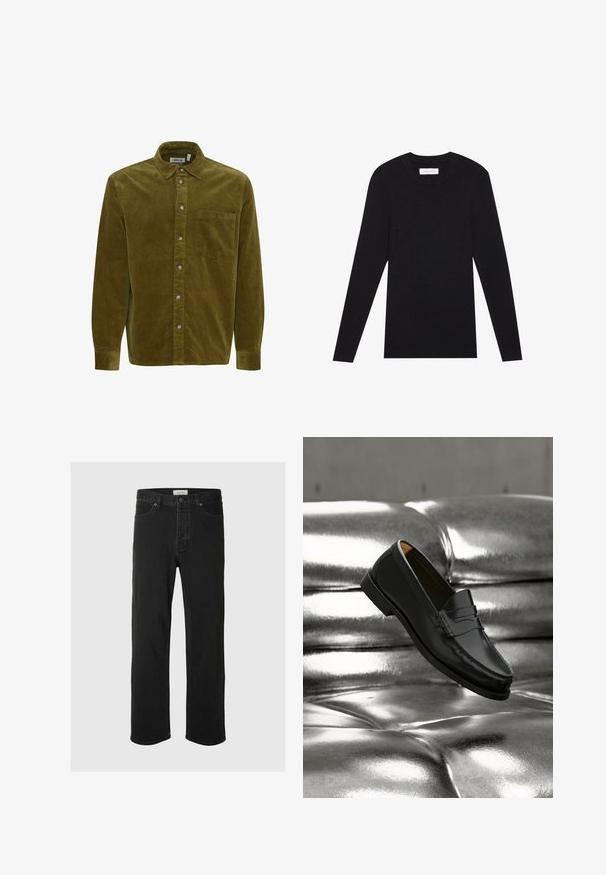 Pier One MUSCLE FIT KNITJUMPER - Pullover - black; Chemise en velours côtelé vert olive avec boutons, manches longues, une poche poitrine unique, col pointu et boutons visibles sur le devant.; Des jeans en denim noir à coupe droite disposent d'un design classique à cinq poches avec fermeture à bouton, de coutures minimales et d'une texture douce.; Mocassin en cuir noir flottant au-dessus d'un canapé en cuir argenté brillant matelassé à boutons dans un décor minimaliste.