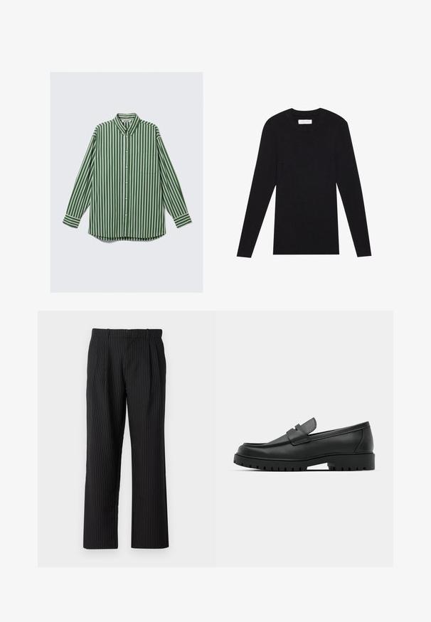 Pier One MUSCLE FIT KNITJUMPER - Striktrøje - black; Herre langærmet skjorte med knapper i lodrett grønne, hvide og brune striber, en forreste brystlomme og en krave, der kan knappes.; Jack & Jones Classic Wide Leg Fit - Bukser - black; Sorte læder loafers med rund tå, der har et syet design, lav platformssål og en struktureret, skridsikker gummisål.