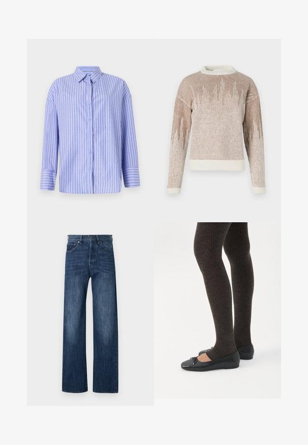 Suéter de punto marrón y crema de mangas largas con rayas verticales y un patrón ondulado, que presenta un cuello redondo y puños y dobladillo acanalados.; Camisa abotonada de color azul claro con rayas verticales y acentos de puntos. Presenta un cuello, mangas largas y un corte recto. Tejido suave.; Vaqueros de mezclilla azul de pierna ancha con textura suave, diseño de cinco bolsillos y cierre de botón. Presentan áreas ligeramente desteñidas para mayor detalle.; Piernas con leggings oscuros acanalados combinados con bailarinas negras que presentan pequeños detalles de lazo sobre un fondo blanco.