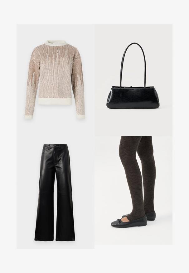Suéter de punto marrón y crema de mangas largas con rayas verticales y un patrón ondulado, que presenta un cuello redondo y puños y dobladillo acanalados.; Pantalones de imitación de cuero negros de cintura alta y pierna ancha con botón frontal, cierre de cremallera, pasadores para cinturón y bolsillos laterales sobre fondo blanco.; Piernas con leggings oscuros acanalados combinados con bailarinas negras que presentan pequeños detalles de lazo sobre un fondo blanco.; Bolso de hombro rectangular negro con correas largas y delgadas y una textura lisa y brillante sobre un fondo liso.
