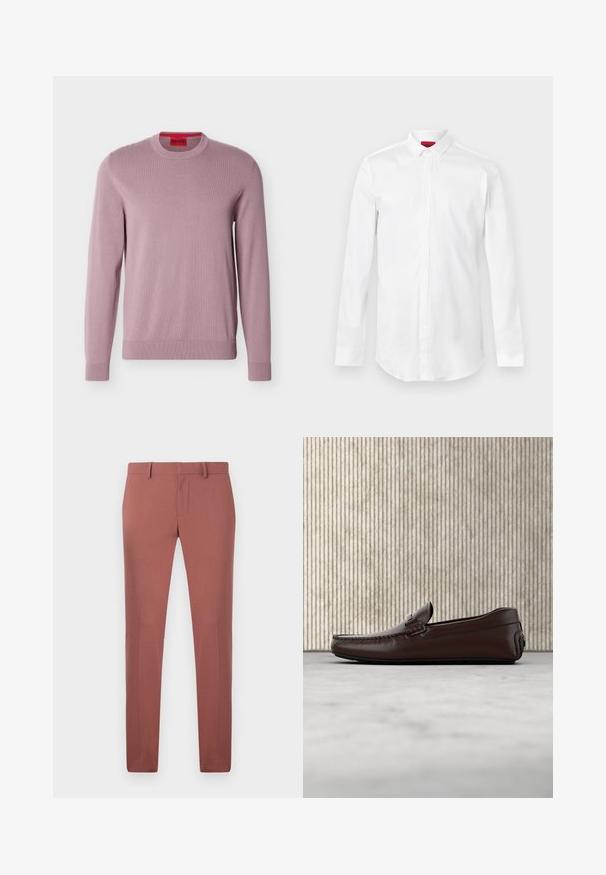 Suéter lavanda de manga larga y cuello redondo con puños y dobladillo acanalados, que presenta un logo en relieve "HUGO" en el pecho y una etiqueta de marca roja en el interior del cuello.; Camisa blanca de manga larga con cuello puntiagudo y tapeta de botones oculta, mostrada sobre un fondo liso y claro.; Pantalones a medida en color rojo ladrillo, fabricados con una tela suave, con un corte recto, cinturas con presillas y un cierre frontal de cremallera con botón.; Mocasines de cuero marrón con un acabado suave, costura al estilo mocasín, puntera elevada y una suela de goma baja y flexible.