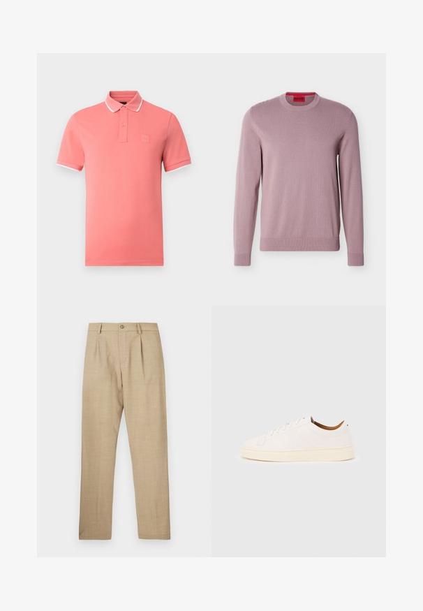 Pull lavande à manches longues et col rond, avec poignets et ourlet côtelés, arborant le logo "HUGO" embossé sur la poitrine et une étiquette de marque rouge à l'intérieur du col.; Polo homme rose corail avec bordure blanche au col et aux manches, manches courtes, patte à deux boutons.; Pantalon beige ajusté avec fermeture à boutons et fermeture éclair, passants pour ceinture et plis plats à l'avant, présenté à plat sur un fond blanc.; Baskets blanches basses avec un design à lacets, des détails de couture minimalistes, et une semelle couleur crème sur un fond gris clair.