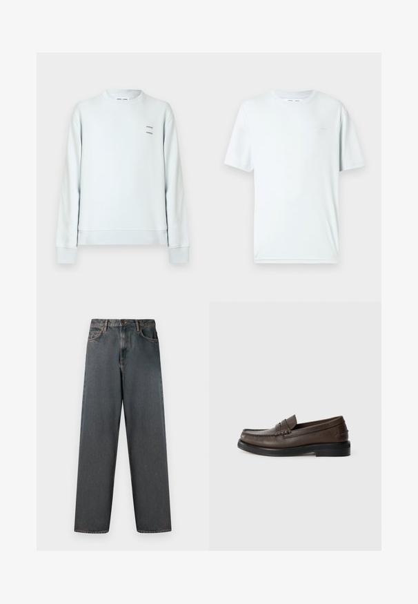 Lyseblå sweatshirt med rund hals og lange ærmer. Har et lille printet tekstlogo i mørk farve på brystet. Blød stoftekstur.; Lyseblå bomuld t-shirt med rund hals, korte ærmer og minimalistisk broderet logo på brystet. Glat tekstur, enkelt design.; Mørkegrå denimjeans med lige ben, fem lommer og en knap- og lynlås-lukning. Stofmet har diskret falming og syninger.; Brun læderloafer med synlig syning på tåen, flad sål og lav stablet hæl. Glat tekstur med minimalistiske designelementer.