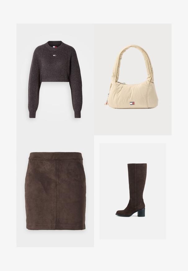 Kort grå sweater med ribbet struktur, lange ærmer og rund halsudskæring. Har en lille logo foran.; Brun ruskind mini-nederdel med en glat tekstur, tætsiddende design og en flad talje, der har lodrette sømme for struktur.; Brune ruskindsknæhøje støvler med blokhæl og glat finish. Rund tå og tydelig sømdetaljering på skaftet.; Skuldertaske i cremefarve lavet af blødt, quiltet stof med et buet håndtag og et logomærke. Lynlåslukning med ekstra vedhæng.