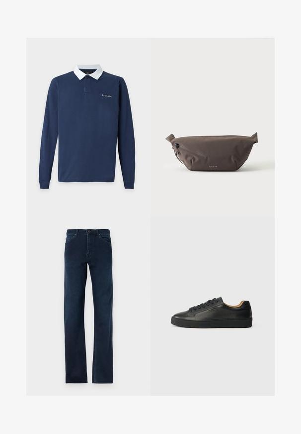Marineblå langærmet polo med hvid krave og lille "Paul Smith" logo broderet på venstre bryst.; Mørkeblå denim jeans med lige ben, fem lommer, knapåbning og kontrasterende syninger langs sømmene.; Sorte lavtop lædersneakers med tekstureret overflade, sorte snørebånd og tyk gummisål, vist fra siden på en lys baggrund.; Mørkebrun stof talje taske med diagonalt lynlåslomme og lille hvidt logo på fronten, sat mod en ensfarvet lys baggrund.