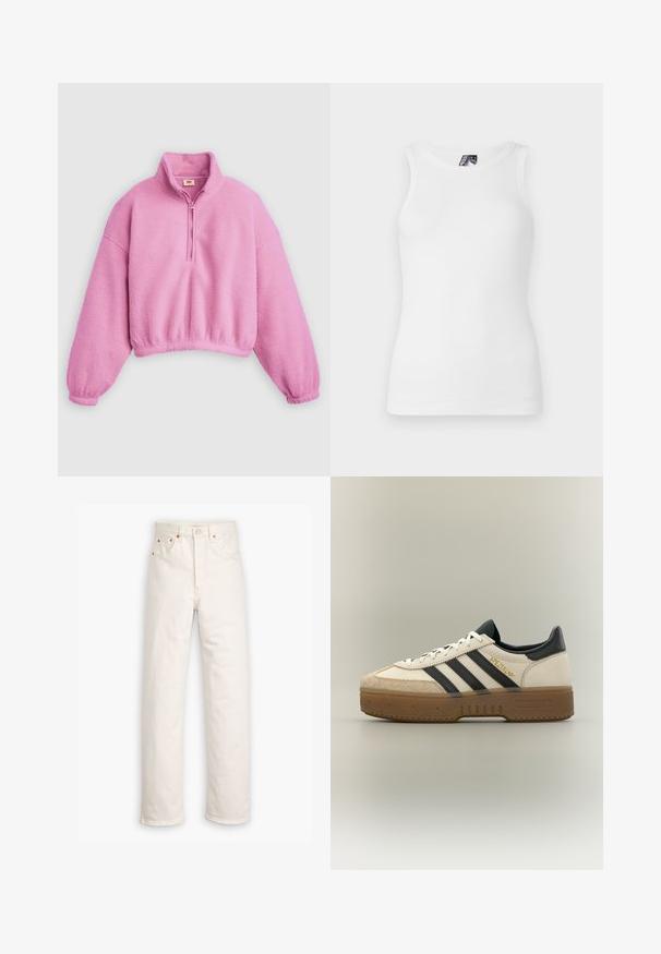 Rosa Fleece-Pullover mit Viertel-Reißverschluss am Kragen, oversized Passform, elastischen Bündchen und kurzem Saum, mit einer weichen, strukturierten Oberfläche.; Weißes, geripptes Tanktop mit rundem Ausschnitt und ärmellosem Design, gefertigt aus einem weichen Baumwollmix mit taillierter Silhouette.; Weiße Denim-Jeans mit geradem Bein, im Fünf-Taschen-Stil und mit kupferfarbenen Hardware-Details. Rohschnitt an den Knöcheln.; Weißer Adidas Sneaker mit schwarzen Streifen, beiger Wildlederkappe, brauner Sohle und "SPEZIAL" in goldener Schrift an der Seite.