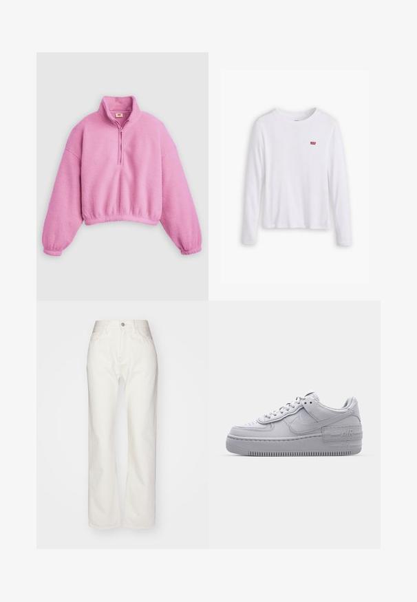 Rosa Fleece-Pullover mit Viertel-Reißverschluss am Kragen, oversized Passform, elastischen Bündchen und kurzem Saum, mit einer weichen, strukturierten Oberfläche.; Weißes Langarmhemd aus weicher Baumwolle. Mit kleinem rotem Levi's-Logo auf der linken Brust. Klassisches Rundhals-Design.; Weiße Denim-Hosen mit hoher Taille und weit geschnittenem Bein. Mit einem Knopf- und Reißverschluss, Gürtelschlaufen und dezenten Nähten.; Graue Nike Air Force 1 Sneaker mit perforierter Zehenpartie, Obermaterial aus glattem Leder, dicker Sohle und geprägtem 'AIR'-Detail an der Ferse.