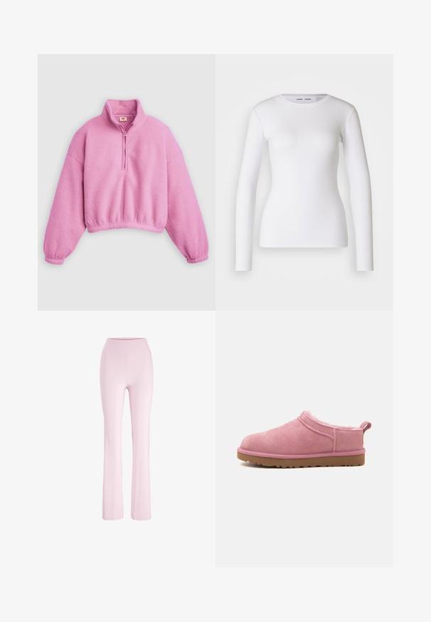 Sudadera de forro polar rosa con cuello de media cremallera, ajuste holgado, puños elásticos y dobladillo corto, con una superficie suave y texturizada.; Camisa blanca de manga larga hecha de tela acanalada, con un cuello redondo y una forma ajustada. No presenta patrones ni detalles.; Pantalones de yoga de talle alto en rosa claro con un ajuste ceñido en los muslos y piernas ligeramente acampanadas, mostrados sobre un fondo blanco.; Zapatilla rosa de ante sin cierre con forro suave, puntera redondeada y suela de goma marrón, vista lateral sobre fondo blanco.
