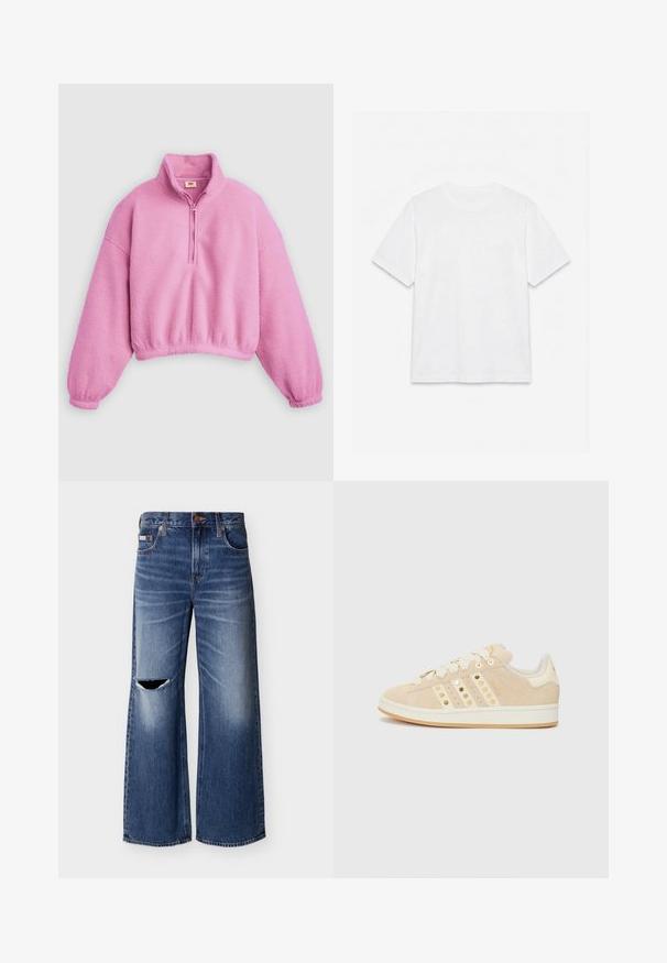 Roze fleece trui met een kraag met een kwart ritssluiting, oversized pasvorm, elastische manchetten en een korte zoom, met een zacht, gestructureerd oppervlak.; Effend wit T-shirt met korte mouwen en ronde hals, plat gelegd op een witte achtergrond.; Blauwe wijde spijkerbroeken met een vervaagde wassing en een gescheurd gat op de linker dij, voorzien van voorzakken en een knoopsluiting.; adidas Originals CAMPUS 00S W - Sneakers laag - sand strata/cream white/gold-coloured